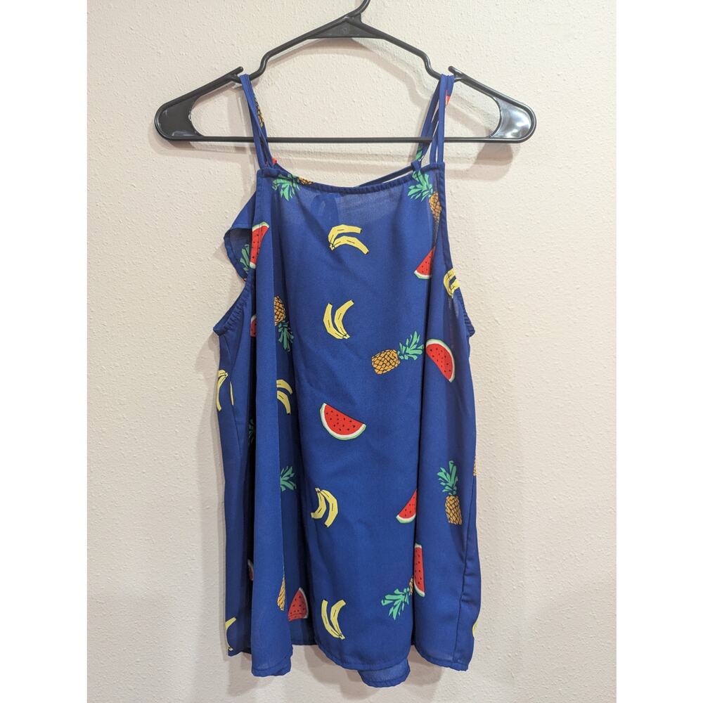 Blue fun & fruity tank/shell w/ruffle and tie detail by Lily White size Medium